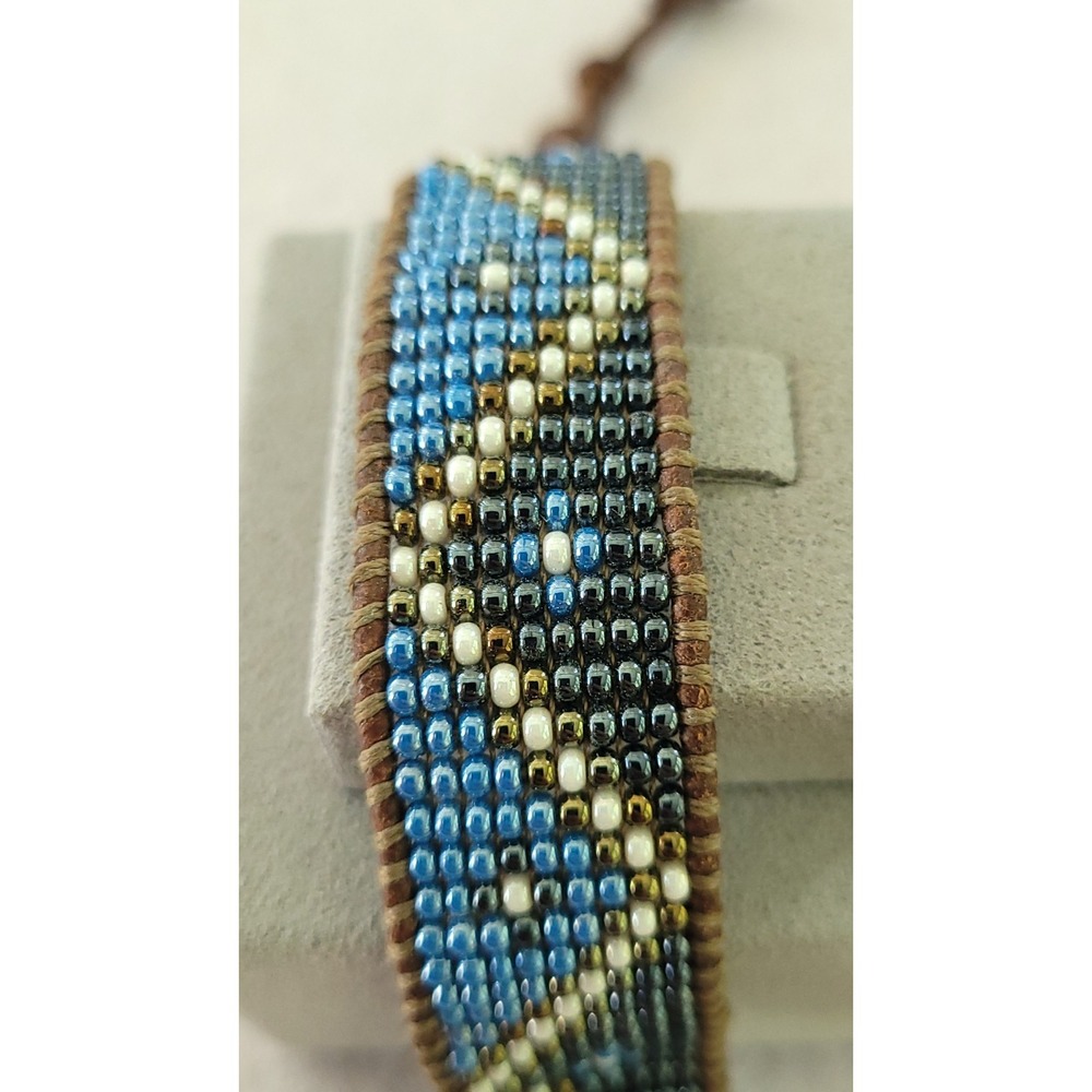 Artisan Seed Bead Leather Bracelet Geometric Blue Black Gold 7" Button Closure